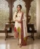 Cream Stitched Suit Set with Printed Dupatta & Bottom – Peacock Mughal Border Design (3 Pc Set)