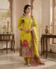 Mustard Yellow Stitched Suit Set with Mughal Peacock Border – Kurta, Dupatta & Bottom (3 Pc Set)
