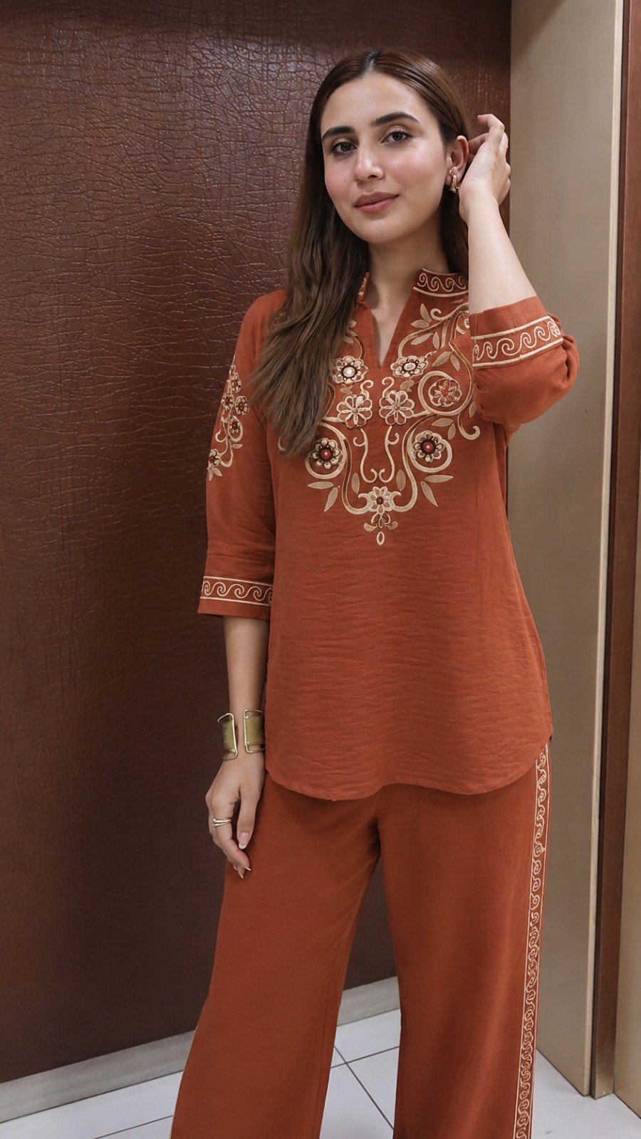 Rust Terracotta Floral Threadwork Co-Ord Set - Image 4