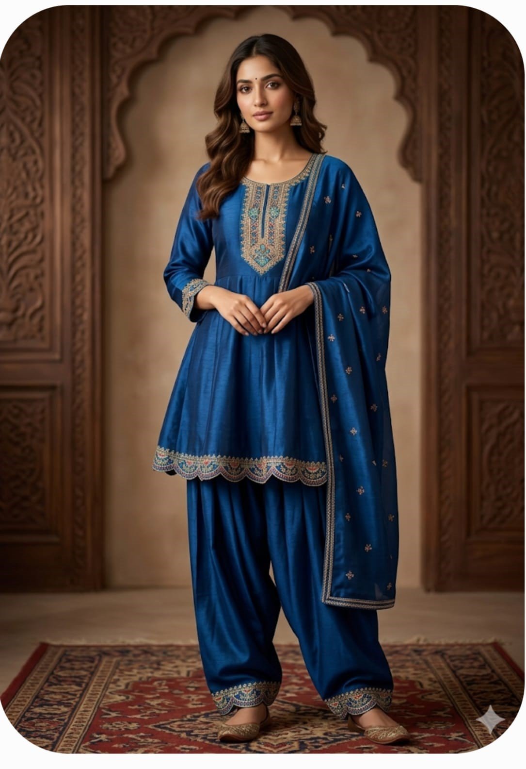 Royal Indigo Silk Embroidered Peplum Kurti with Farsi Salwar & Dupatta Set